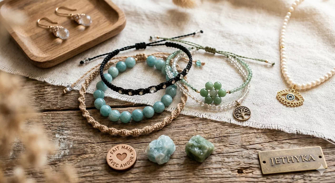 Assortiment de bijoux artisanaux Jethyka avec bracelets en pierres naturelles de jade et aigue-marine, macramé noir et collier œil protecteur sur fond de bois et lin.