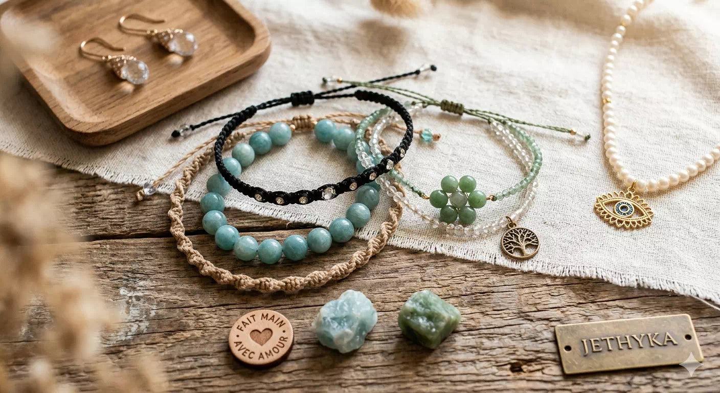 Assortiment de bijoux artisanaux Jethyka avec bracelets en pierres naturelles de jade et aigue-marine, macramé noir et collier œil protecteur sur fond de bois et lin.