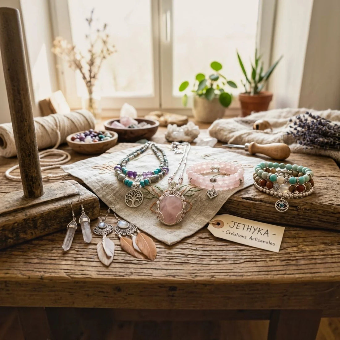 Une table de travail artisanale en bois brut présentant une collection de bijoux bohèmes artisanaux avec des pierres naturelles, accompagnés de rouleaux de corde de macramé et d'une étiquette JETHYKA - Créations Artisanales.