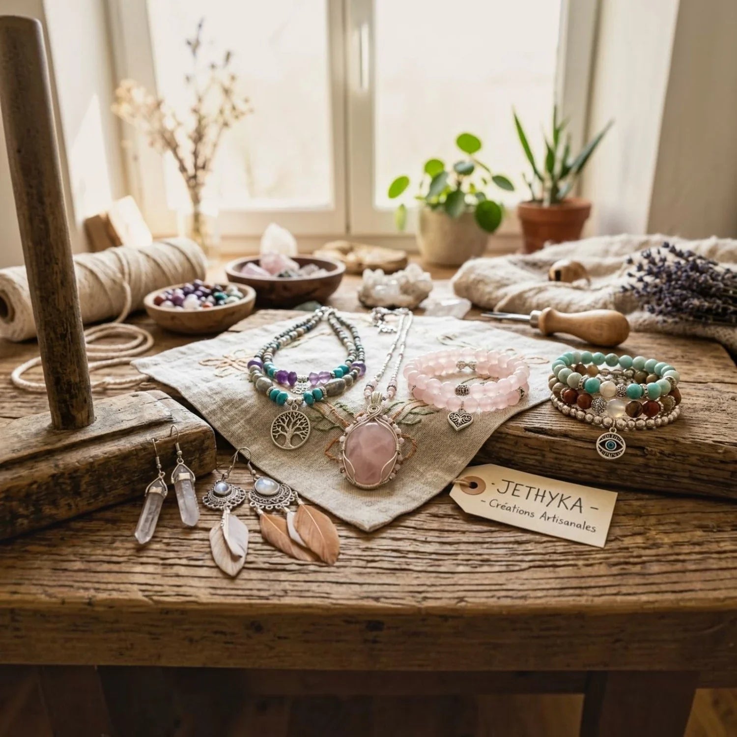 Une table de travail artisanale en bois brut présentant une collection de bijoux bohèmes artisanaux avec des pierres naturelles, accompagnés de rouleaux de corde de macramé et d'une étiquette JETHYKA - Créations Artisanales.