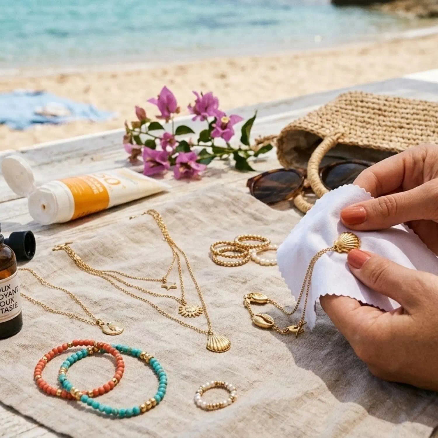 Une personne nettoie délicatement un collier doré avec un chiffon doux sur une table en bois face à la mer. À côté, des bijoux fantaisie d'été (bracelets en perles turquoise, bagues) et un tube de crème solaire.