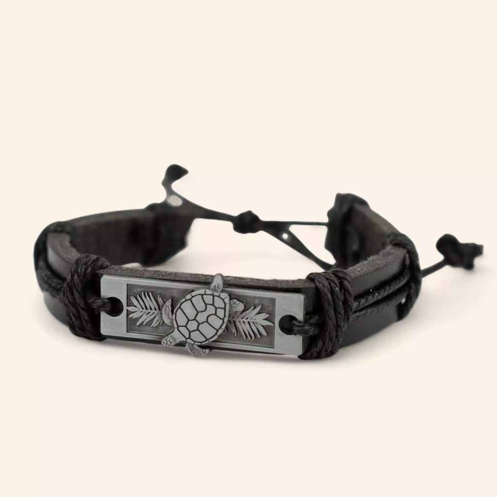 Bracelet Homme en Cuir Noir et Plaque Argentée avec Tortue  Bracelet Jethyka
