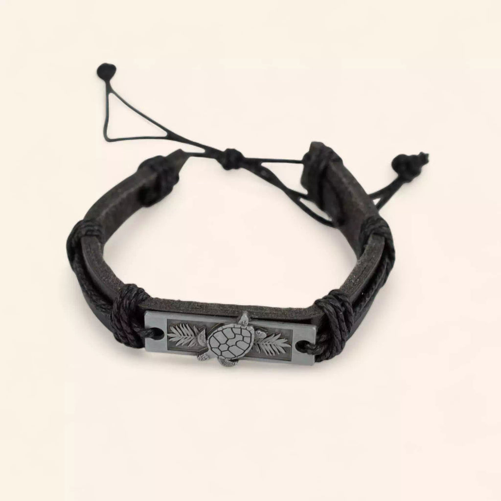 Bracelet Homme en Cuir Noir et Plaque Argentée avec Tortue  Bracelet Jethyka