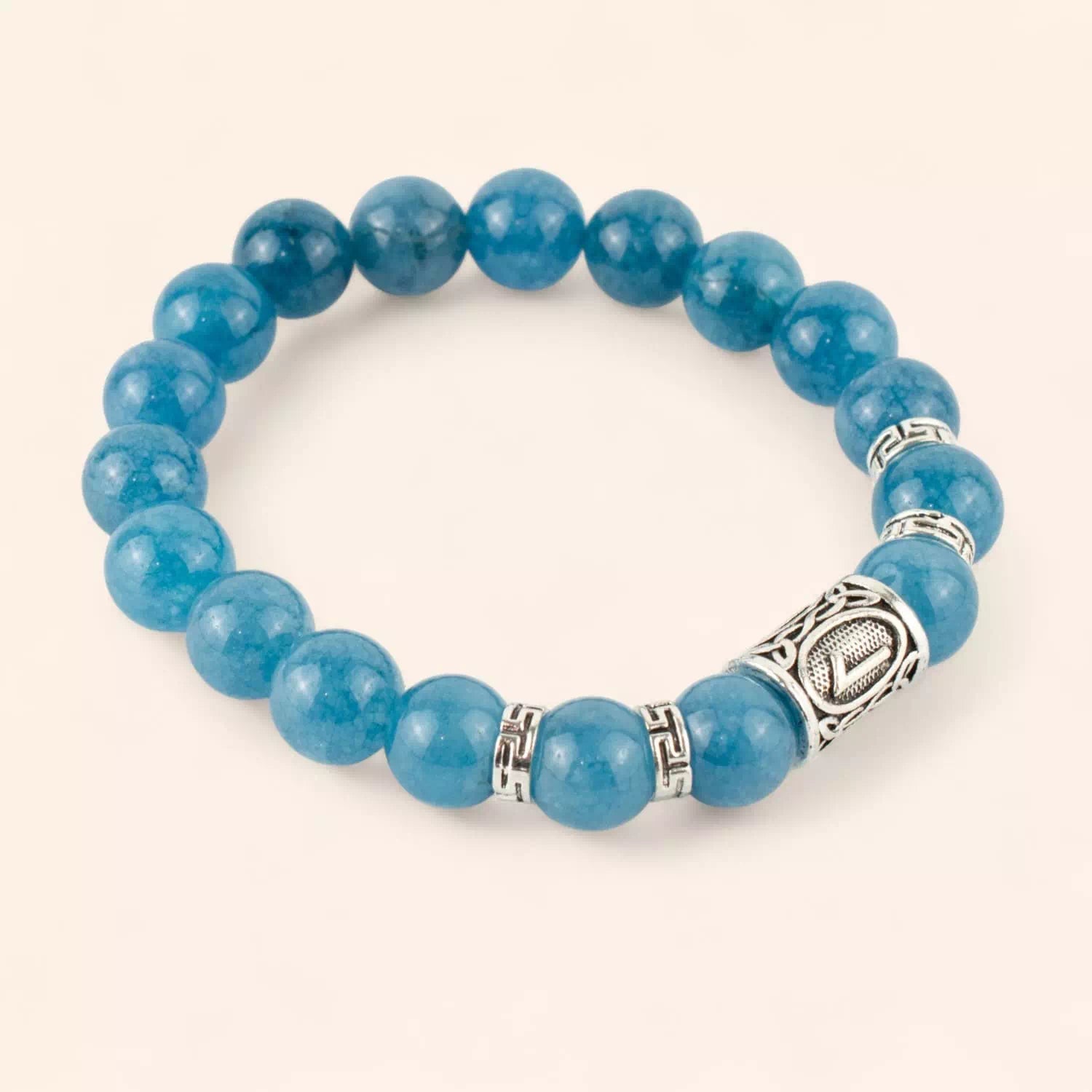 Bracelet en pierres naturelles Calcédoine et perle Rune Viking en métal argenté  Bracelet Jethyka