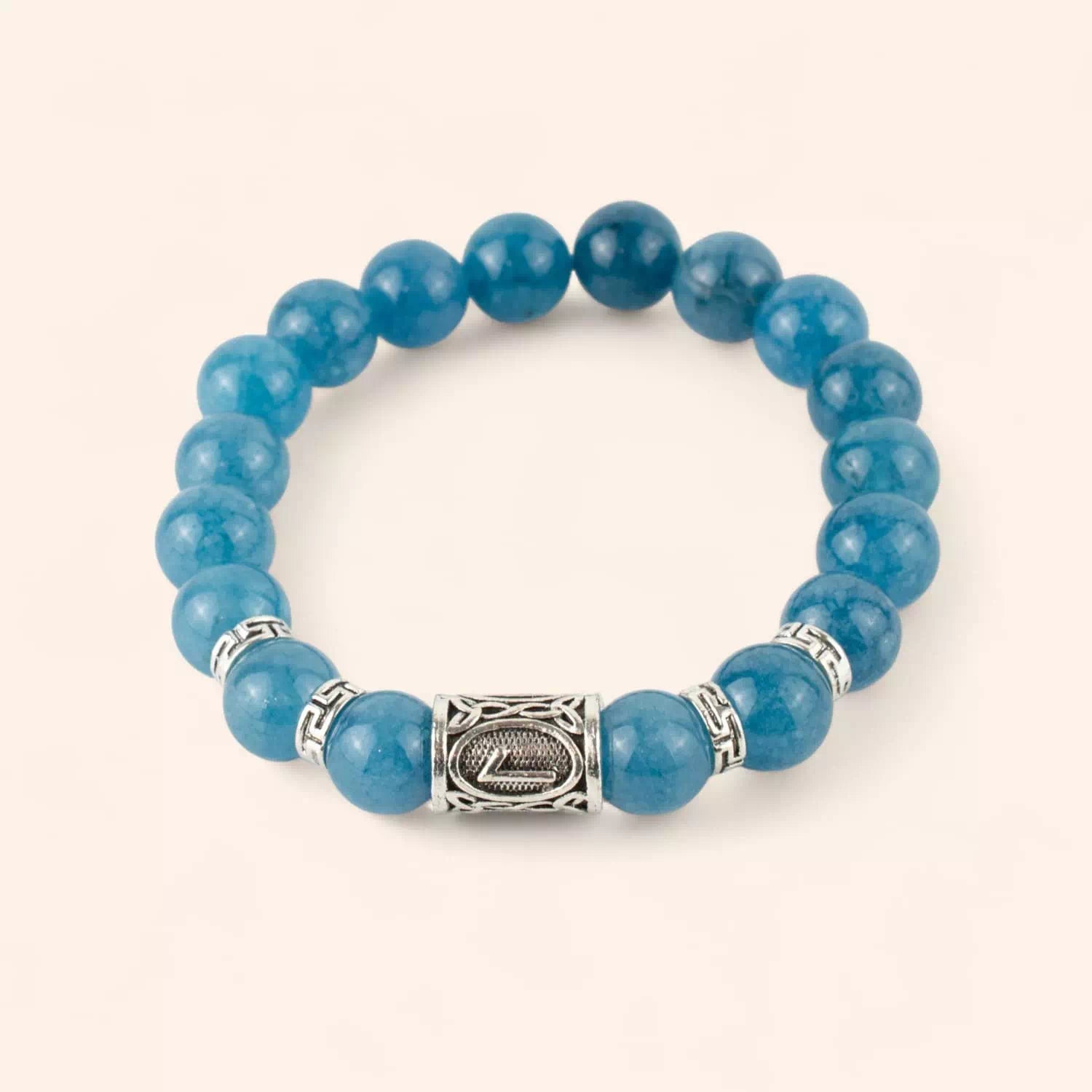 Bracelet en pierres naturelles Calcédoine et perle Rune Viking en métal argenté  Bracelet Jethyka