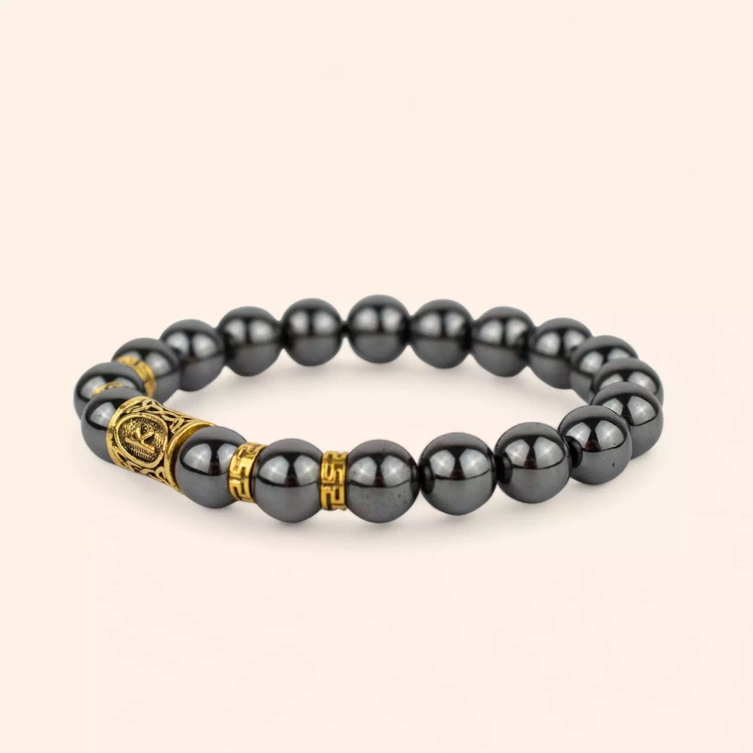 Bracelet en Pierres Naturelles Hématite et Perle Rune Viking Dorée  Bracelet Jethyka