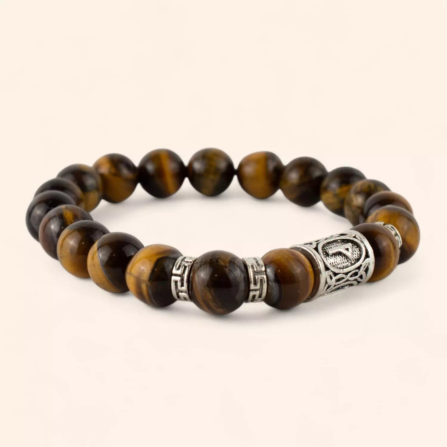 Bracelet en Pierres Naturelles Œil de Tigre et Perle Rune Viking  Bracelet Jethyka