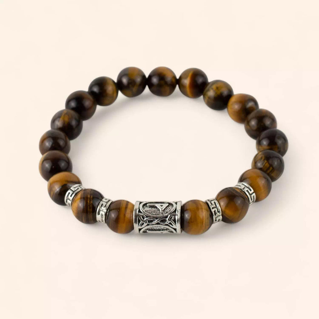 Bracelet en Pierres Naturelles Œil de Tigre et Perle Rune Viking  Bracelet Jethyka