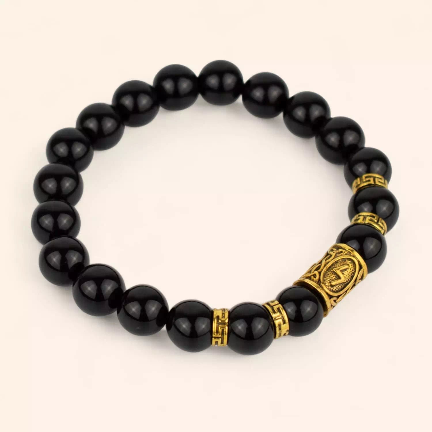 Bracelet en Pierres Naturelles Onyx et Perle Rune Viking Dorée  Bracelet Jethyka