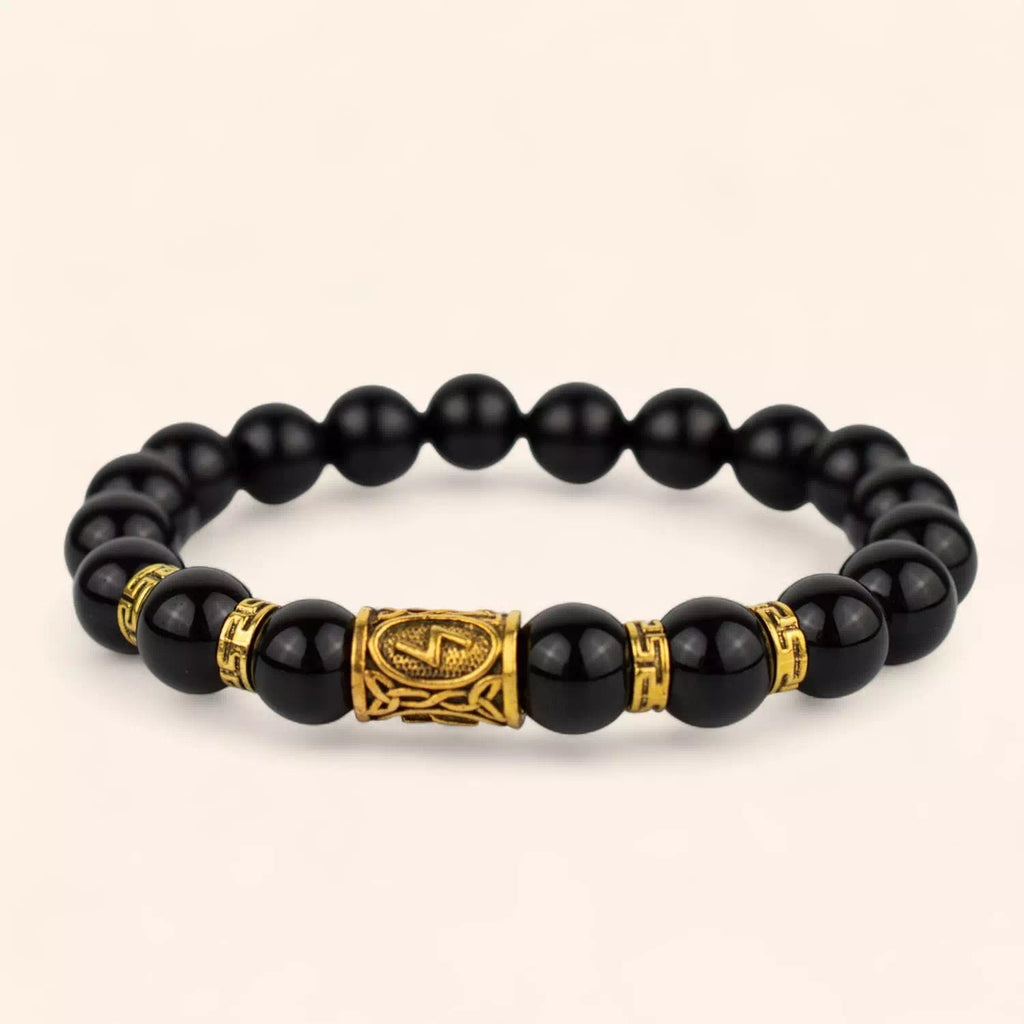 Bracelet en Pierres Naturelles Onyx et Perle Rune Viking Dorée  Bracelet Jethyka