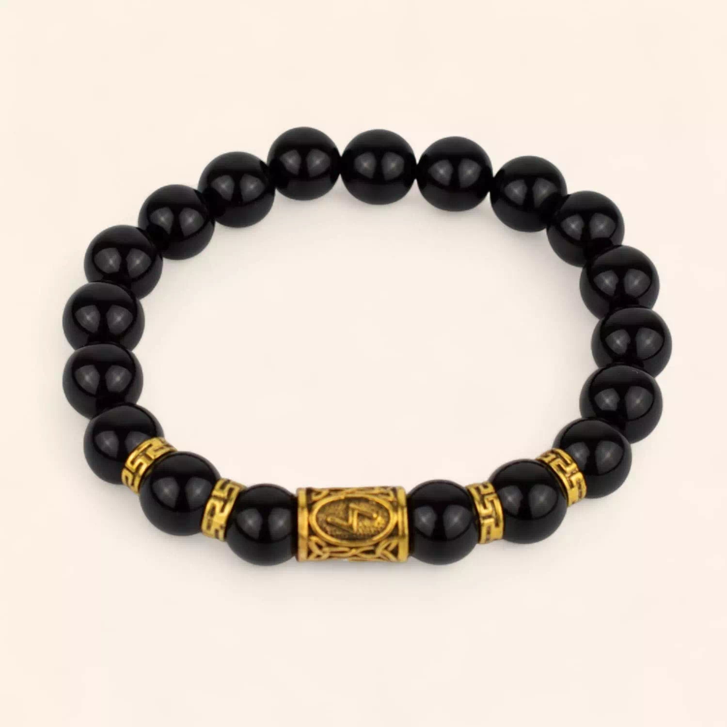Bracelet en Pierres Naturelles Onyx et Perle Rune Viking Dorée  Bracelet Jethyka
