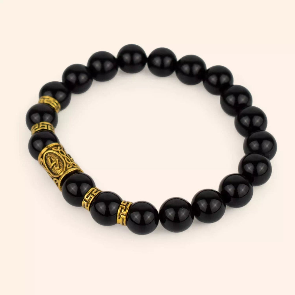 Bracelet en Pierres Naturelles Onyx et Perle Rune Viking Dorée  Bracelet Jethyka