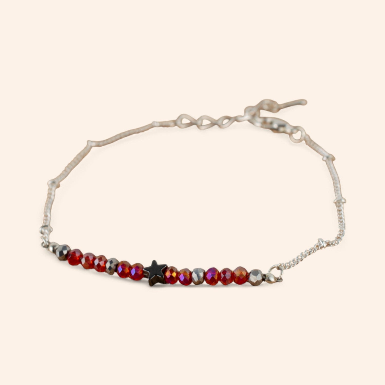 Bracelet Étoile et perles Cristal Rouges Chaîne Argentée  Bracelet Jethyka