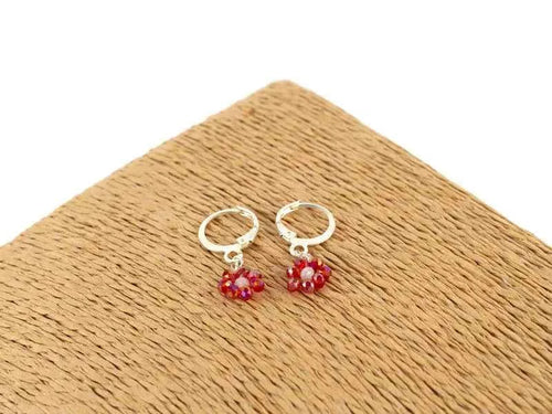 Boucles d'oreilles fleur perles de cristal Rouges
