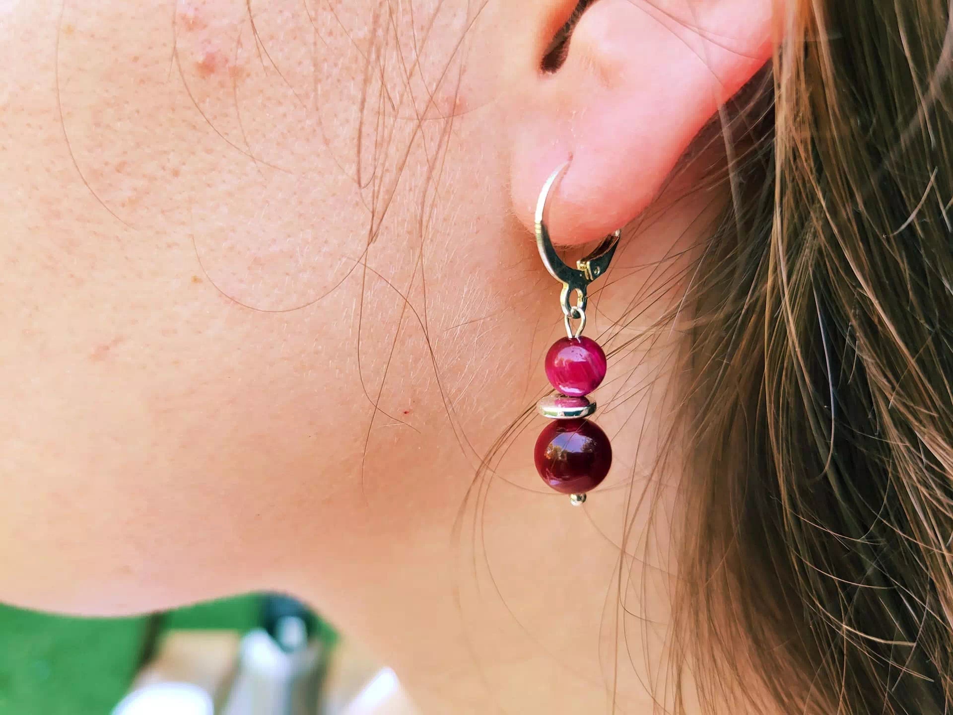 Boucles d'oreilles Œil de Tigre Rose  Boucles d'Oreilles Jethyka