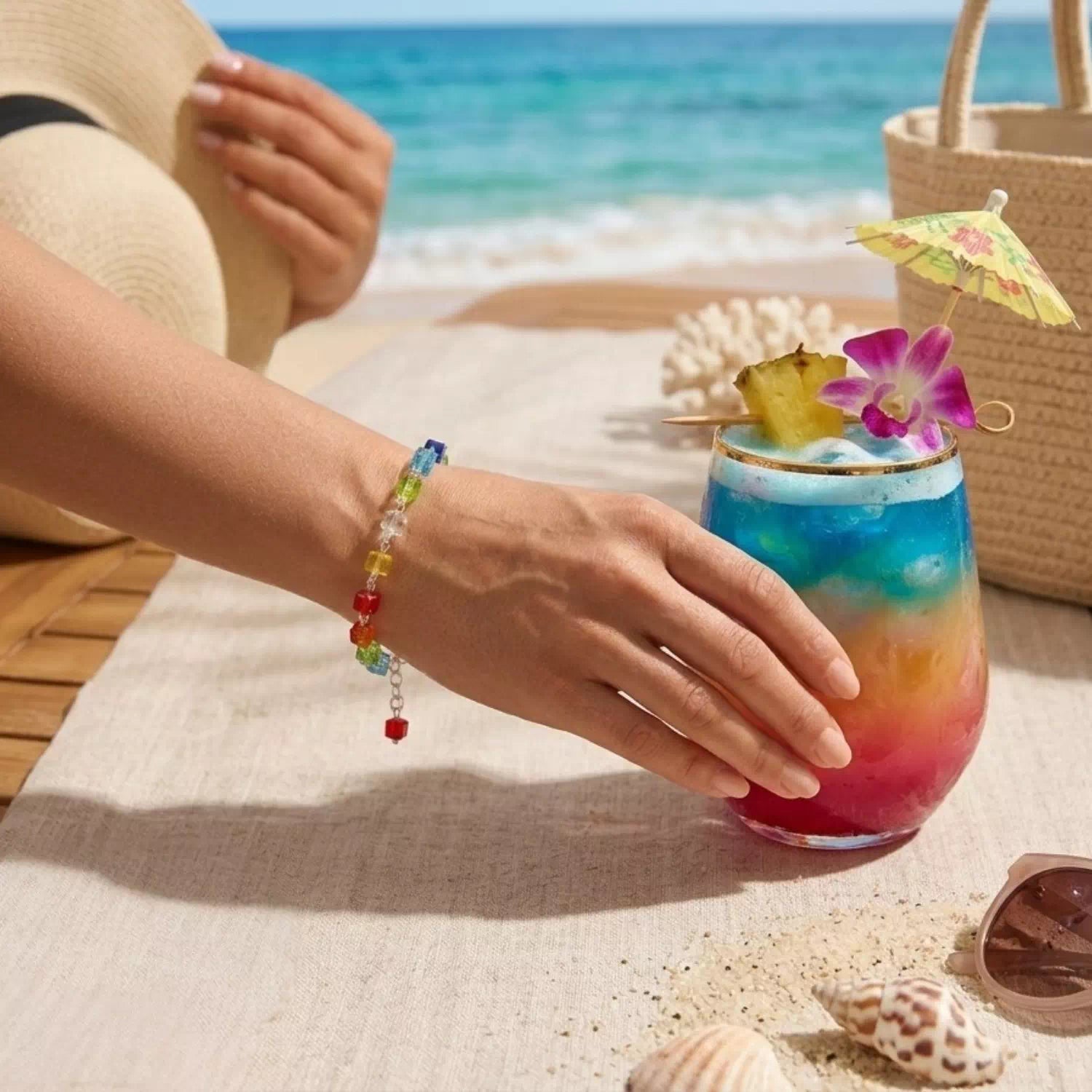 Main de femme portant le bracelet en cristal multicolore Jethyka au bord de la mer près d'un cocktail.