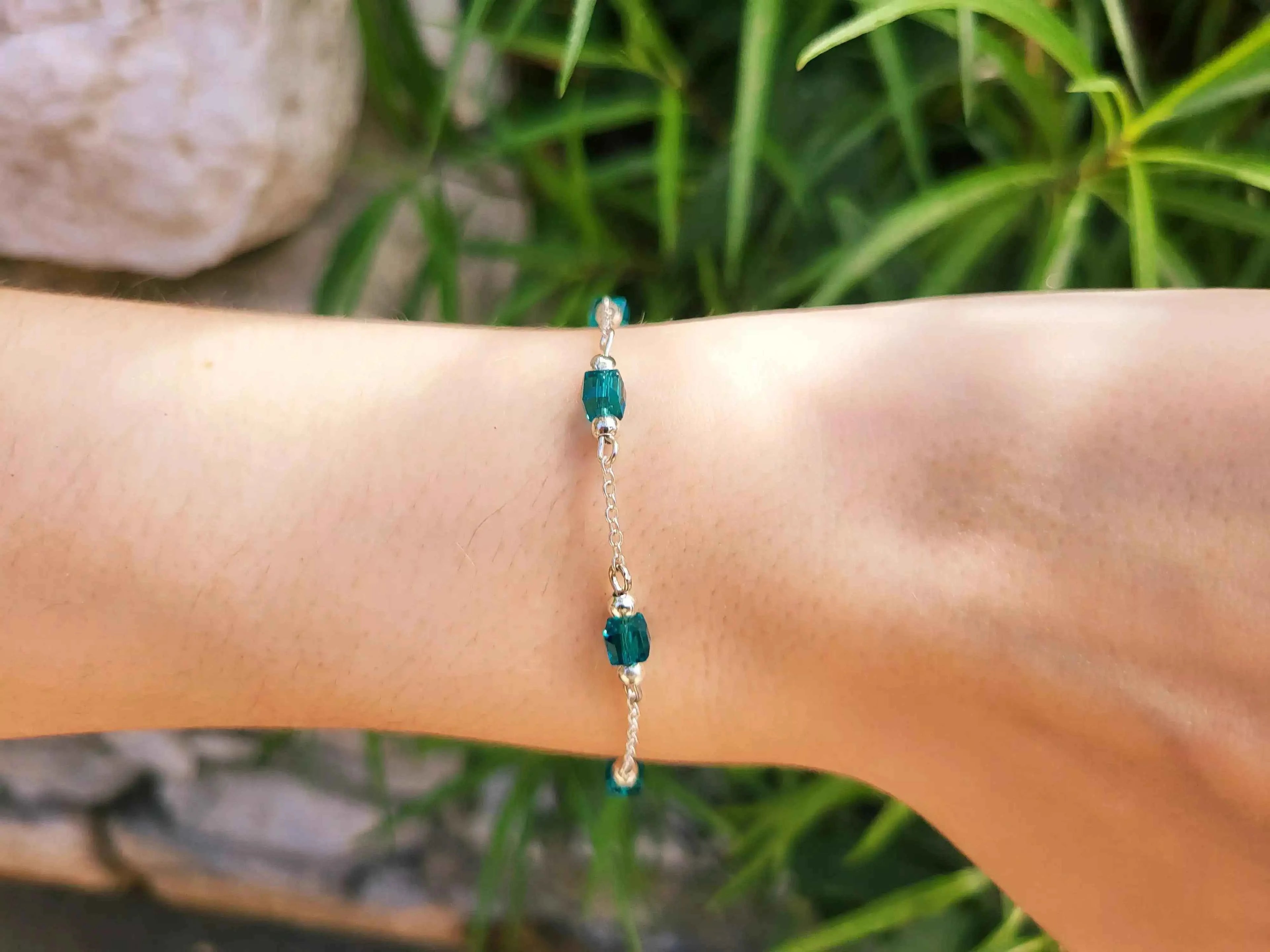 Bracelet perles cristal cubes Bleu-vert