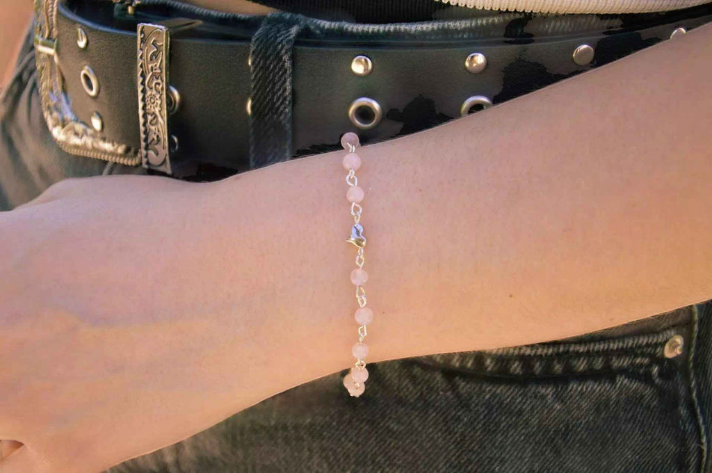 Bracelet en pierres naturelles Quartz Rose et perle cœur