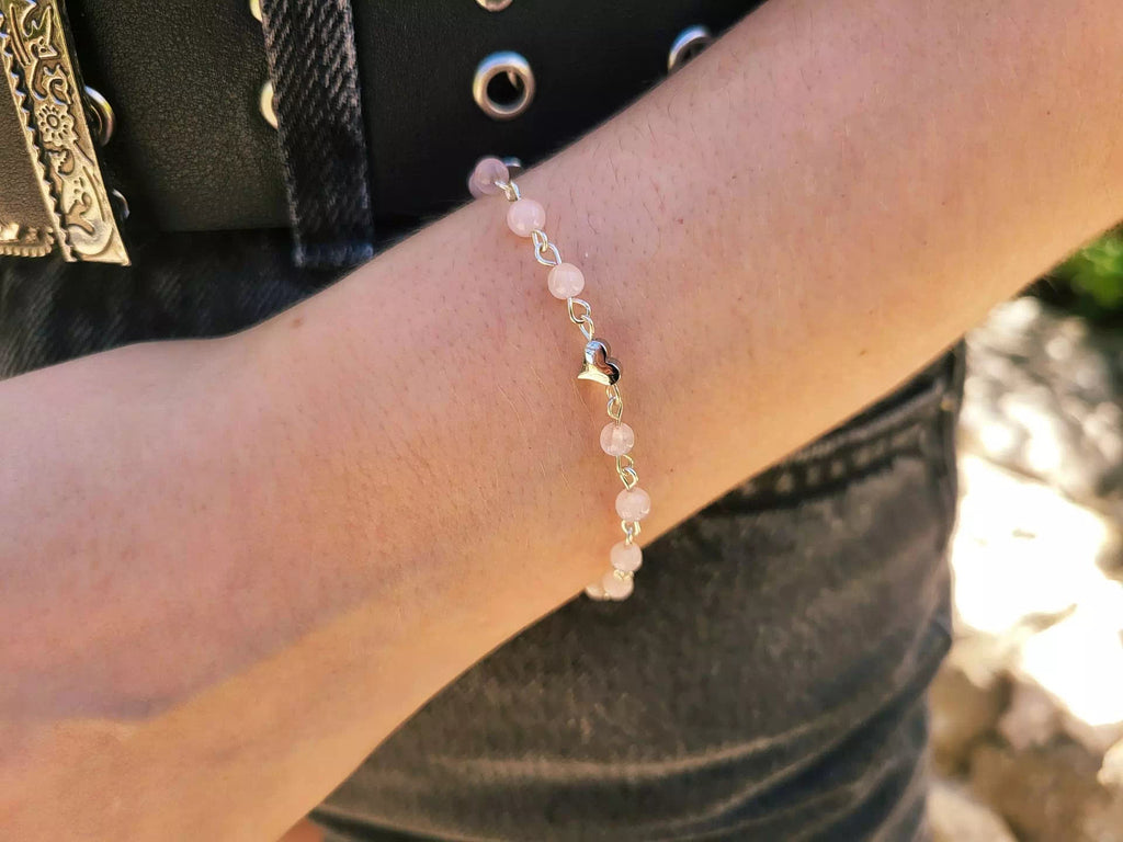 Bracelet en pierres naturelles Quartz Rose et perle cœur en métal argenté  Bracelet Jethyka