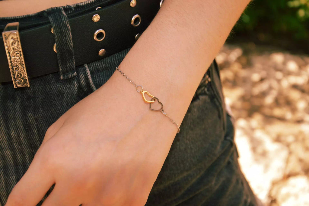 Bracelet chaîne en acier inoxydable – Double cœur bicolore doré et noir  Bracelet Jethyka