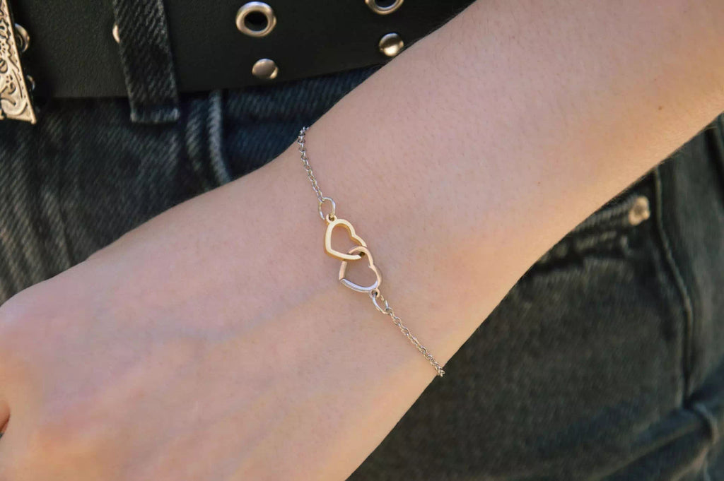 Bracelet chaîne en acier inoxydable – Double cœur bicolore doré et noir  Bracelet Jethyka