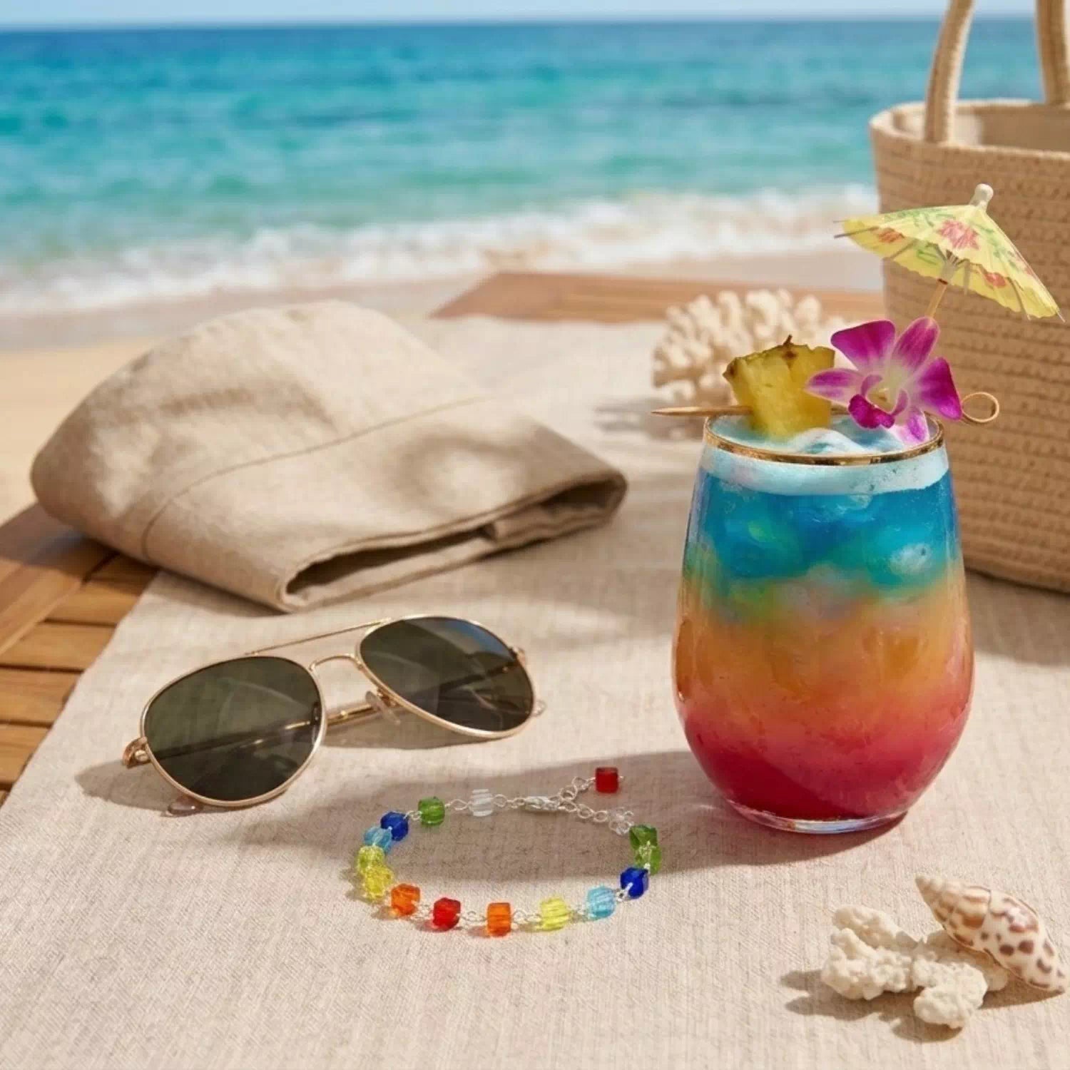 Bracelet en cubes de cristal arc-en-ciel posé sur une table de plage à côté d'un cocktail tropical.