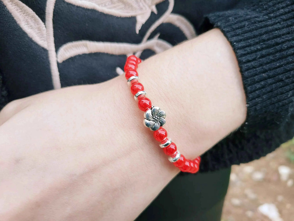 Bracelet Fleur de Cerisier en perles de verre craquelé Rouge