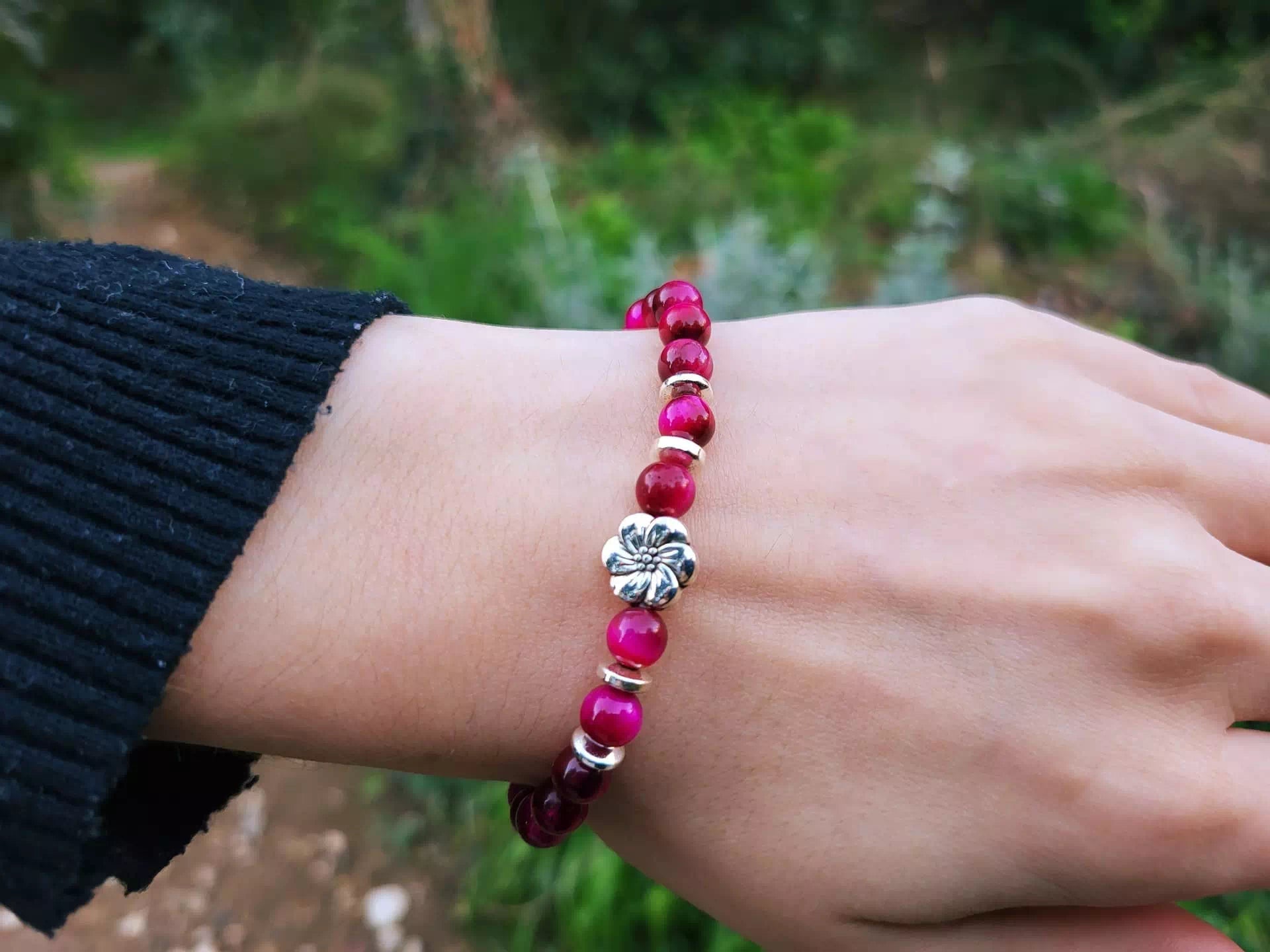 Bracelet en pierres naturelles Œil de Tigre Rose et Fleur de cerisier  Bracelet Jethyka