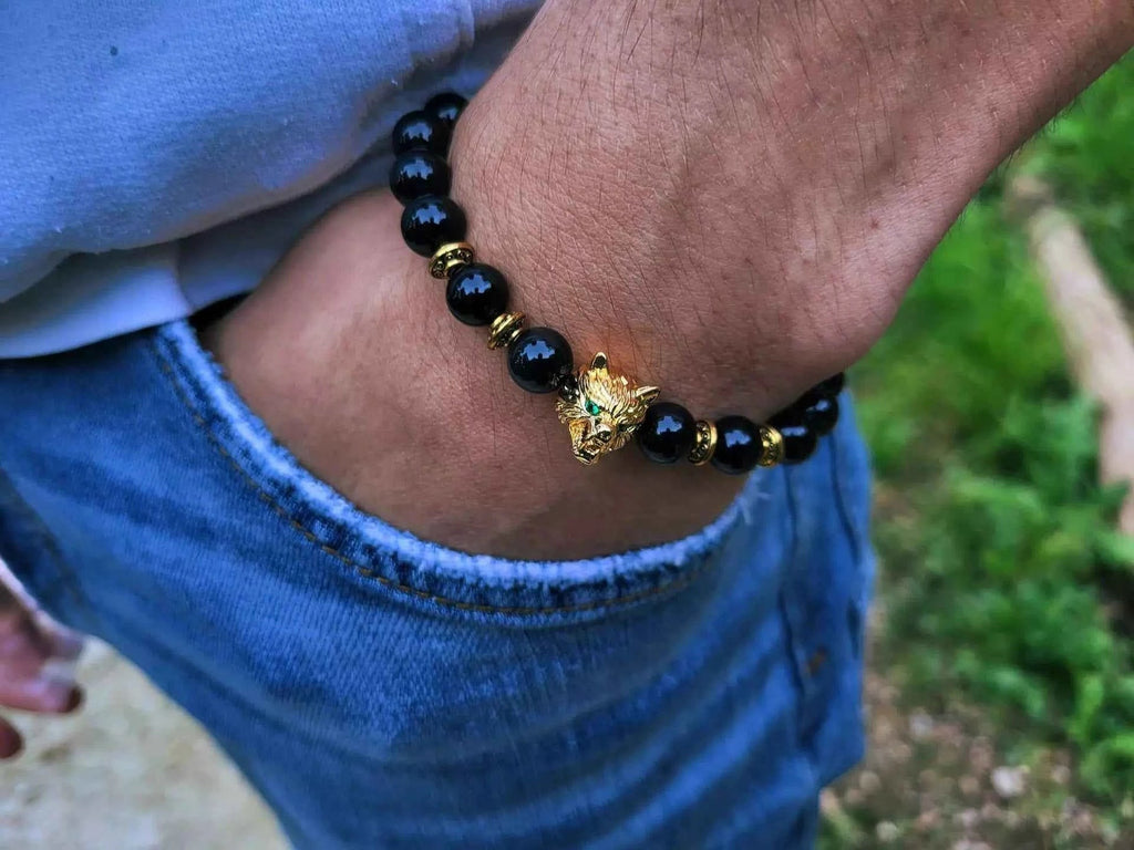 Bracelet en pierres naturelles Obsidienne et perle Loup en métal doré – Bijou puissant et protecteur