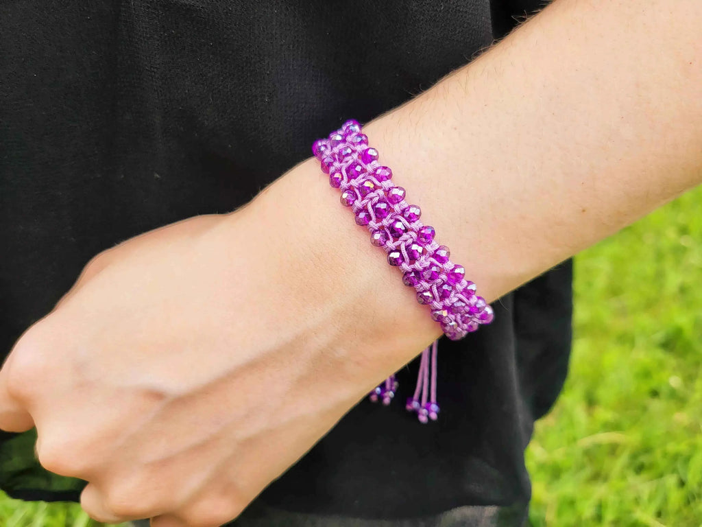 Bracelet macramé perles cristal Violettes