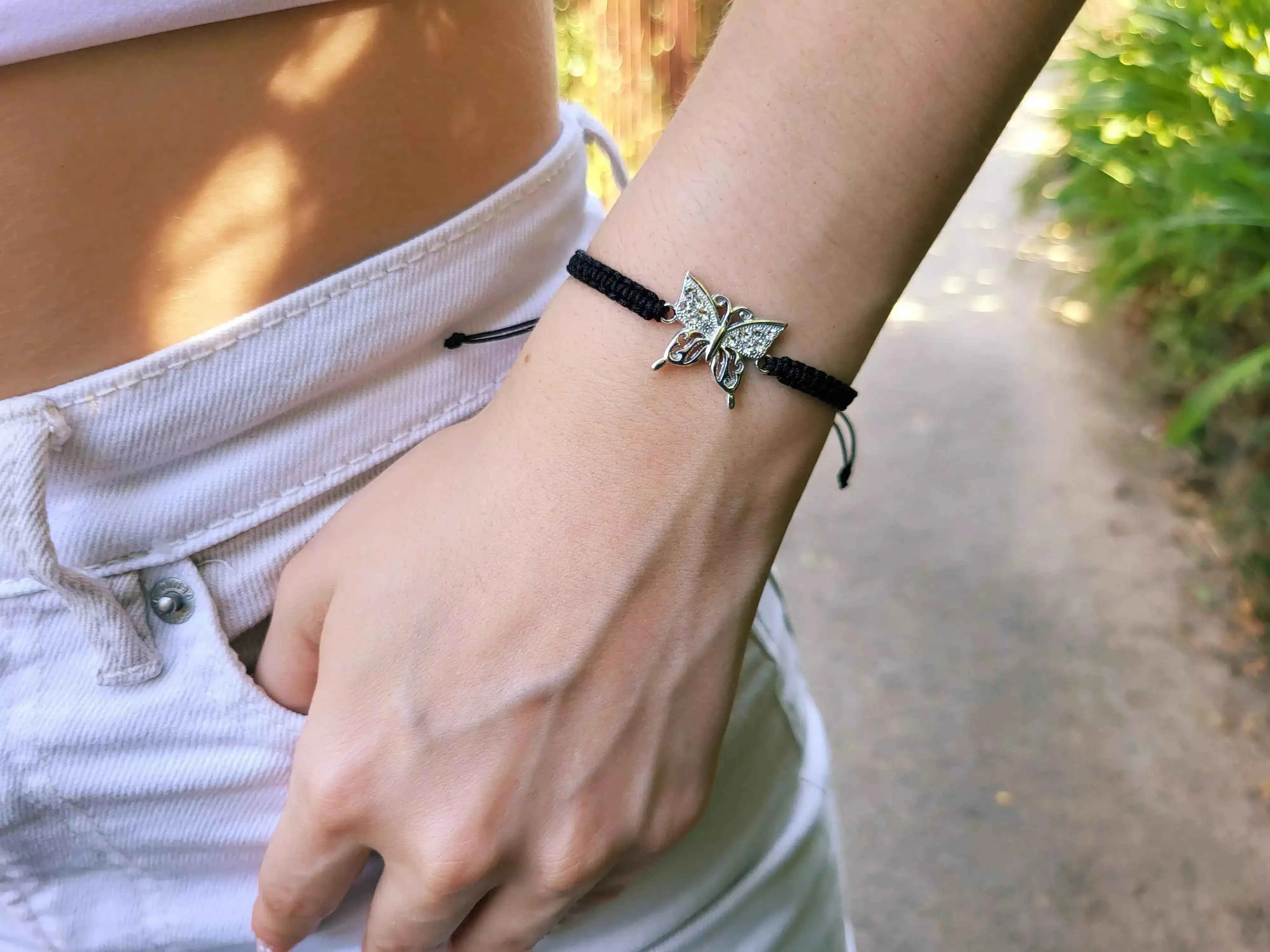 Bracelet Papillon argenté macramé Noir