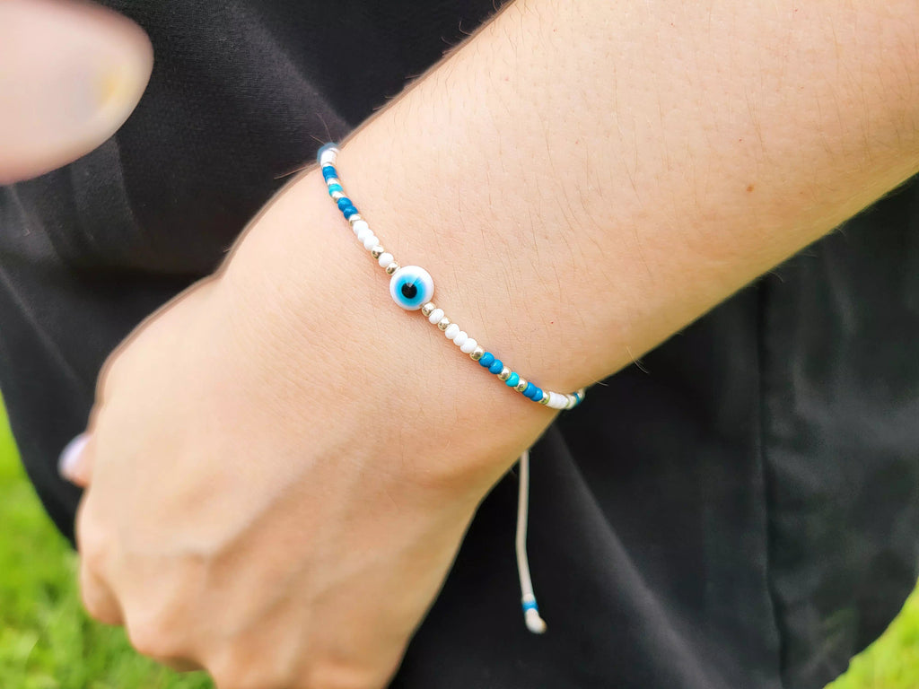 Bracelet Perles Rocailles Bleues et Blanches avec Œil Protecteur – Bijou Talisman Porte-Bonheur  Bracelet Jethyka