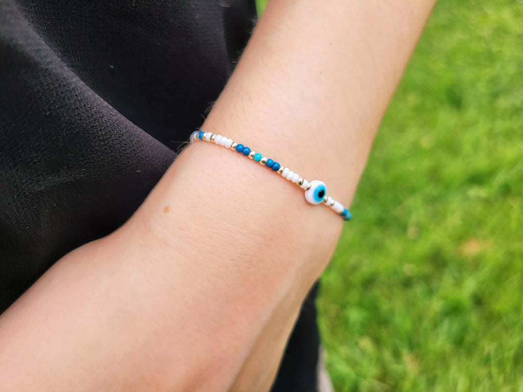 Bracelet Perles Rocailles Bleues et Blanches avec Œil Protecteur – Bijou Talisman Porte-Bonheur  Bracelet Jethyka
