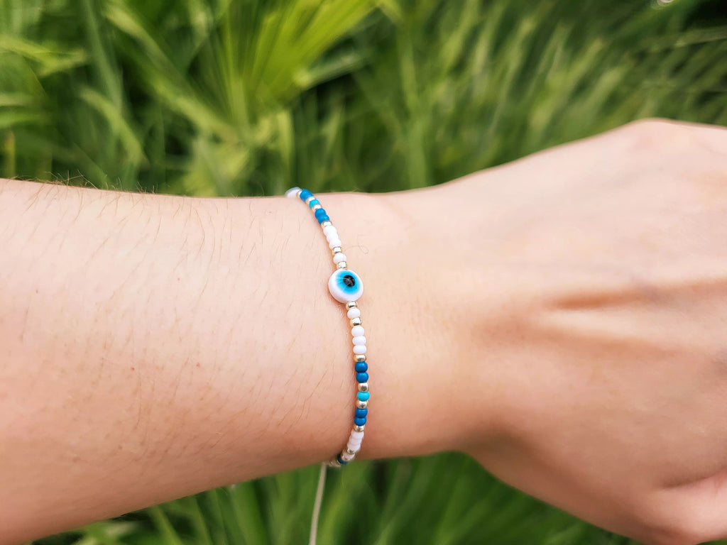 Bracelet Perles Rocailles Bleues et Blanches avec Œil Protecteur – Bijou Talisman Porte-Bonheur  Bracelet Jethyka