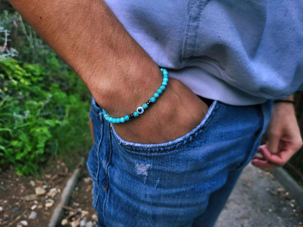 Bracelet pierres naturelles Turquoises et Œil protecteur - Jethyka
