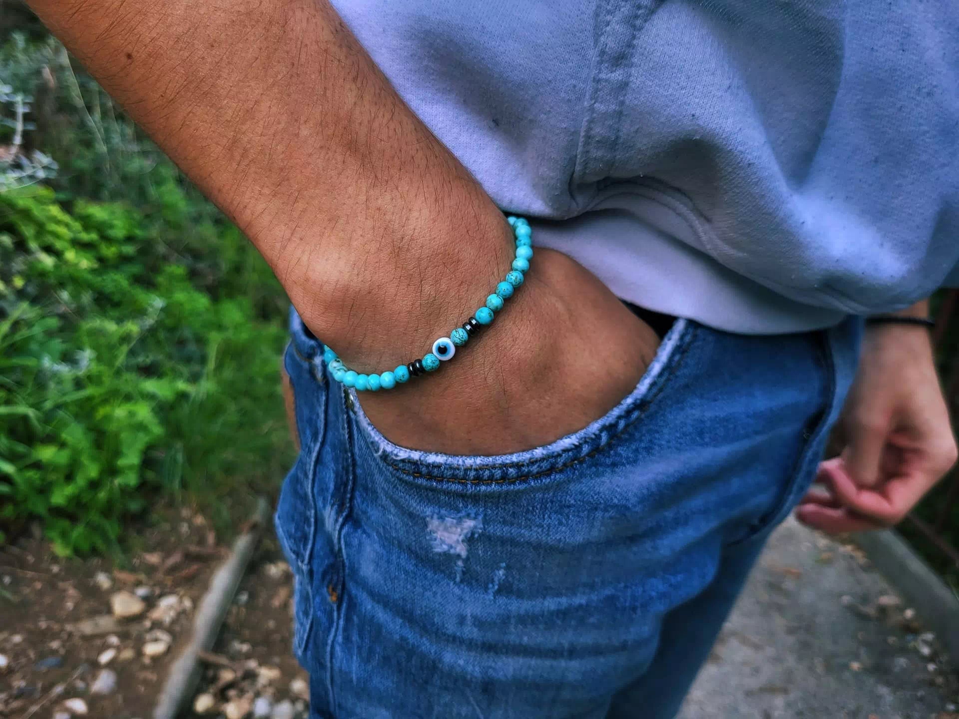 Bracelet pierres naturelles Turquoises et Œil protecteur - Jethyka