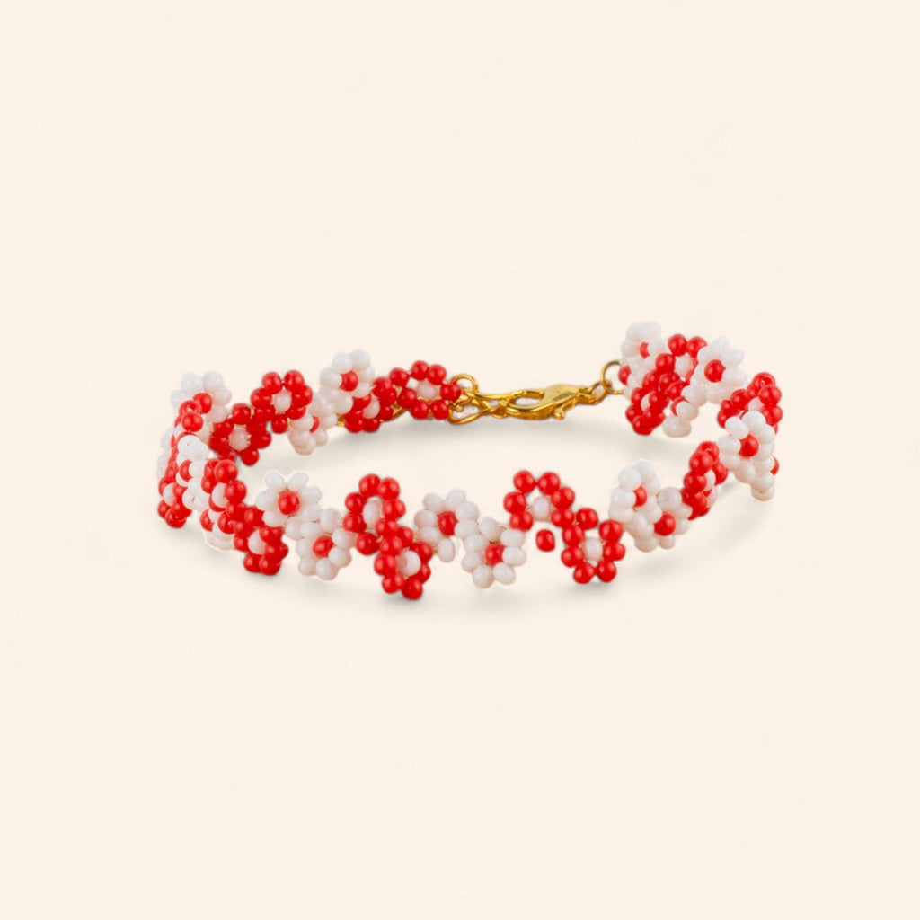 Bracelet Fleurs Rouges et Blanches en Perles de Rocailles  Bracelet Jethyka