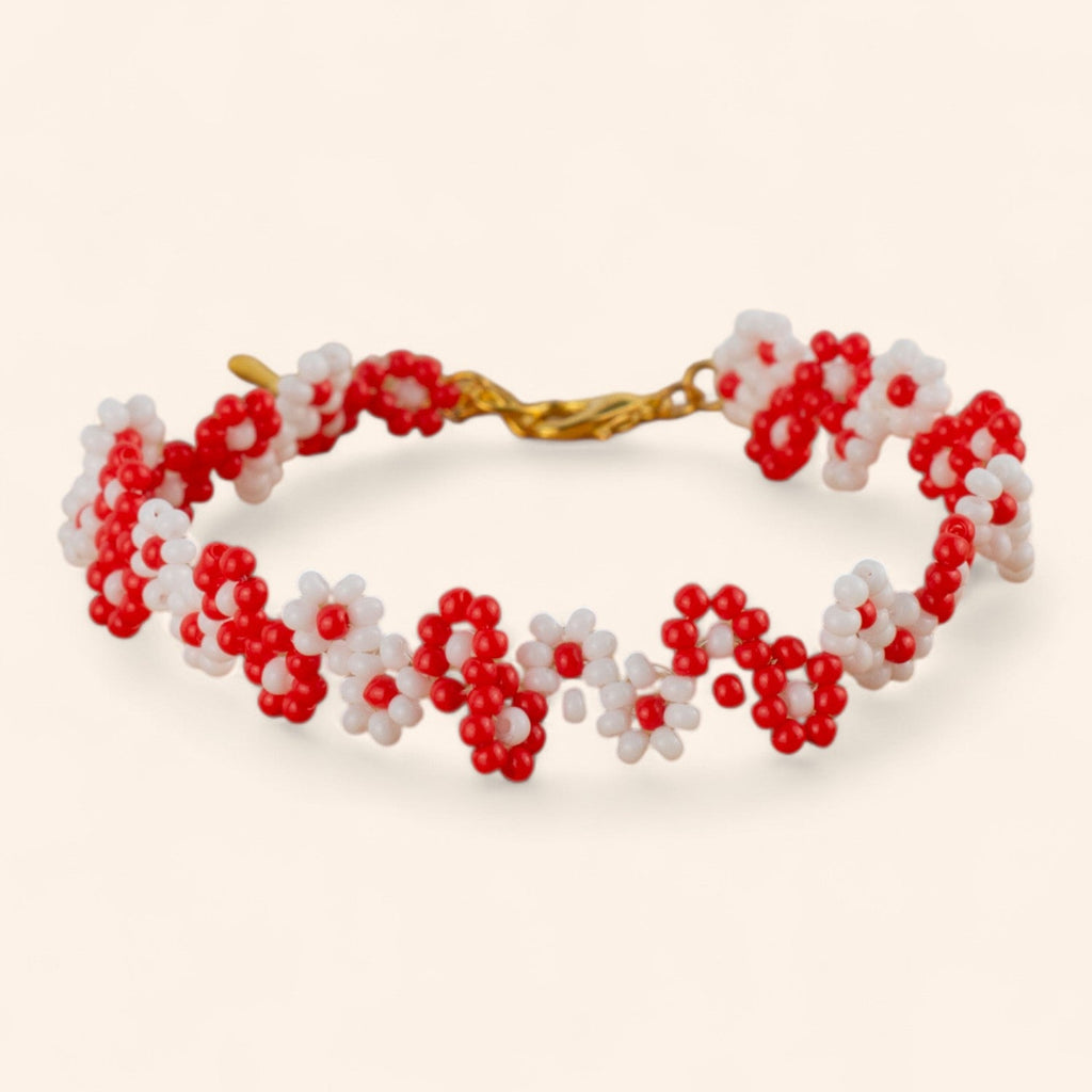 Bracelet Fleurs Rouges et Blanches en Perles de Rocailles  Bracelet Jethyka
