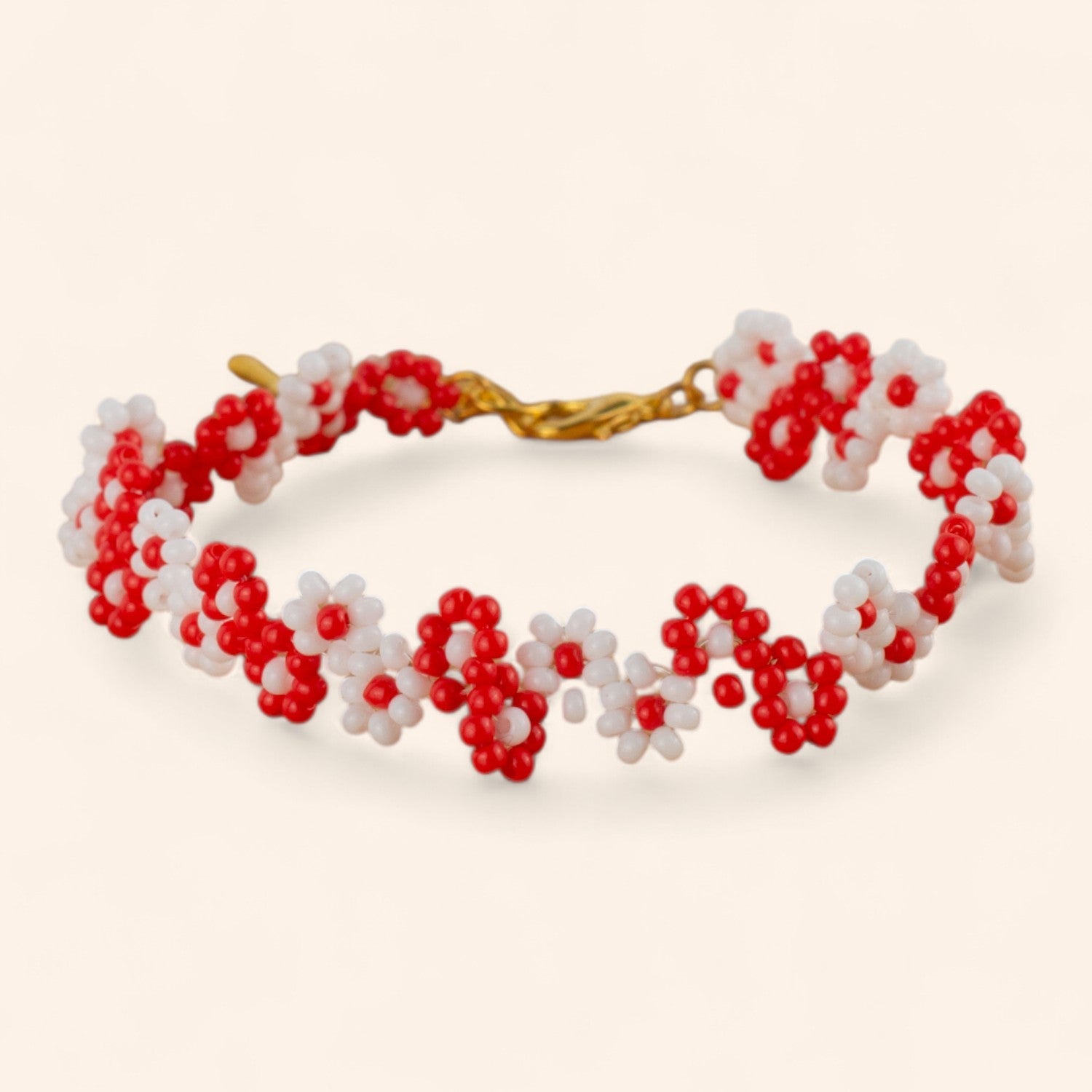 Bracelet Fleurs Rouges et Blanches en Perles de Rocailles  Bracelet Jethyka