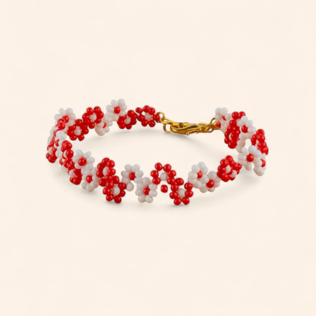Bracelet Fleurs Rouges et Blanches en Perles de Rocailles  Bracelet Jethyka