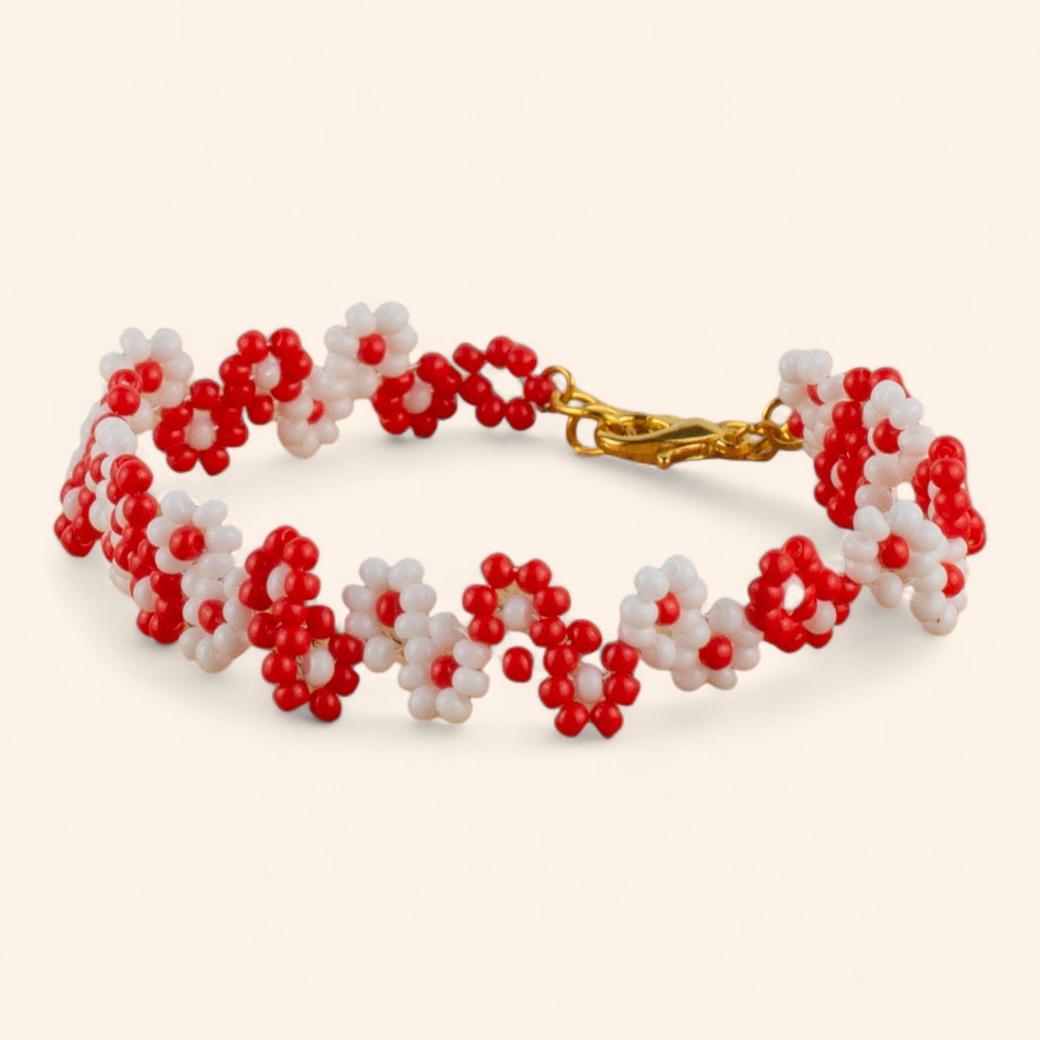 Bracelet Fleurs Rouges et Blanches en Perles de Rocailles  Bracelet Jethyka