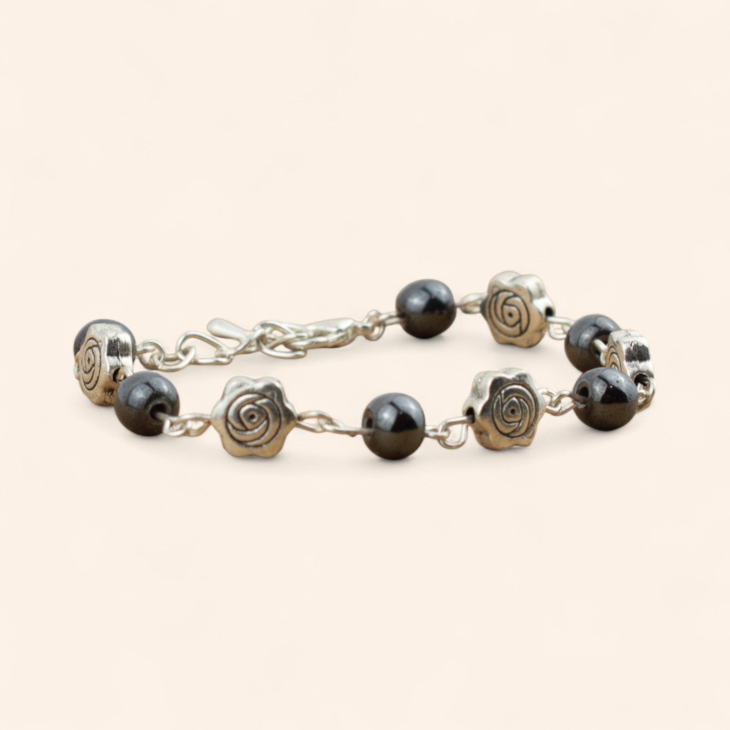Bracelet en Pierres Naturelles Hématite et Perles Roses en Métal Argenté  Bracelet Jethyka