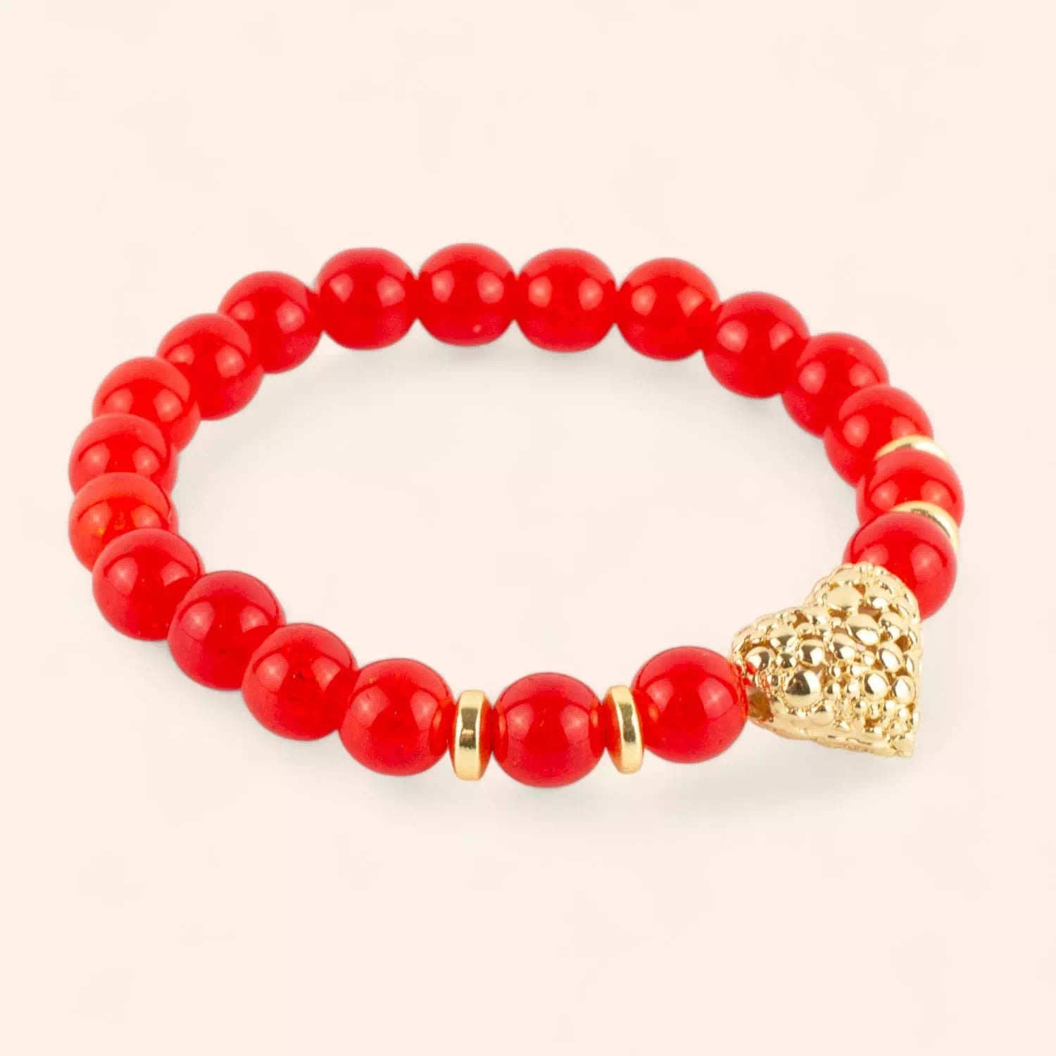 Bracelet en perles de verre craquelé rouge et cœur doré  Bracelet Jethyka