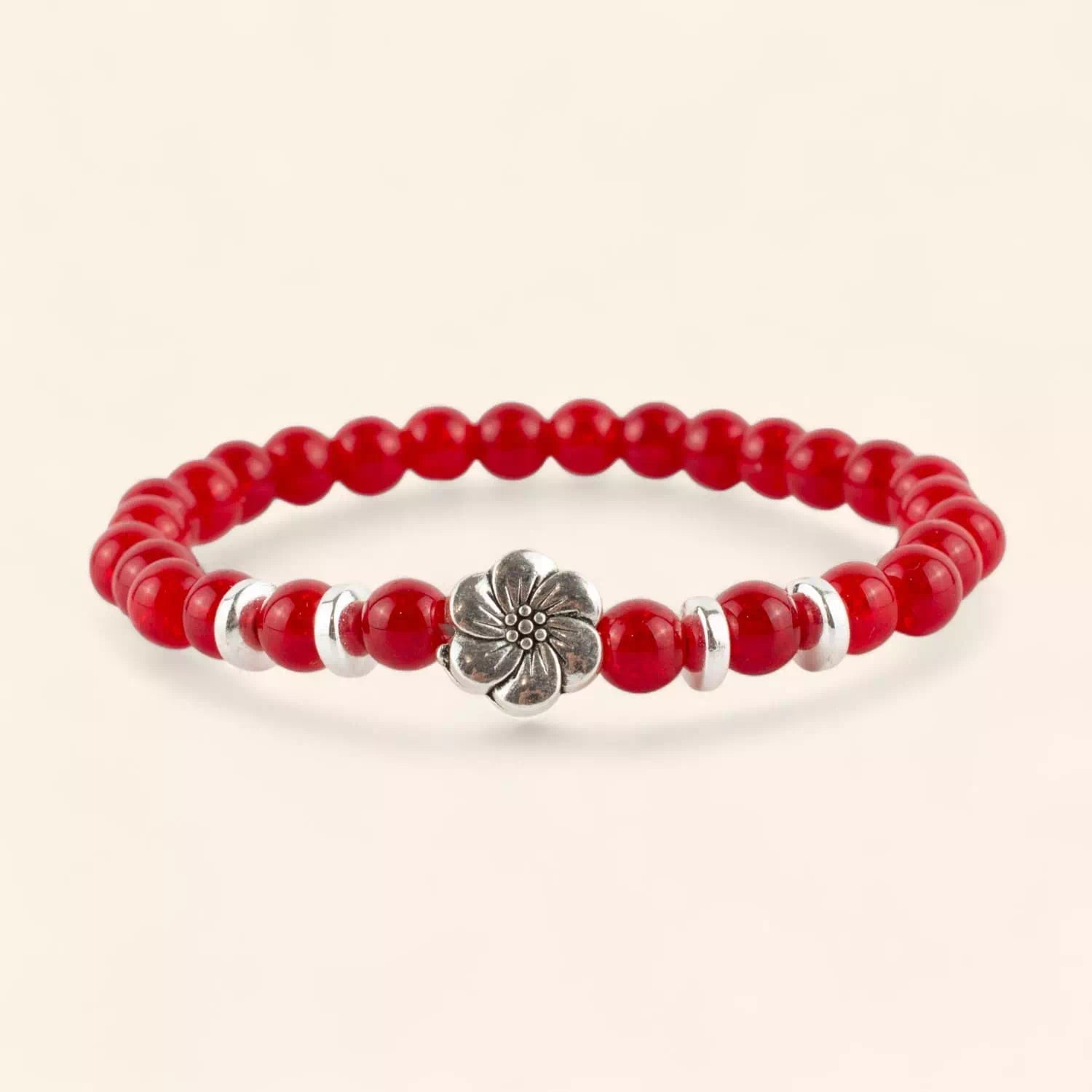 Bracelet perles verre craquelé rouge et Fleur de Cerisier  Bracelet Jethyka