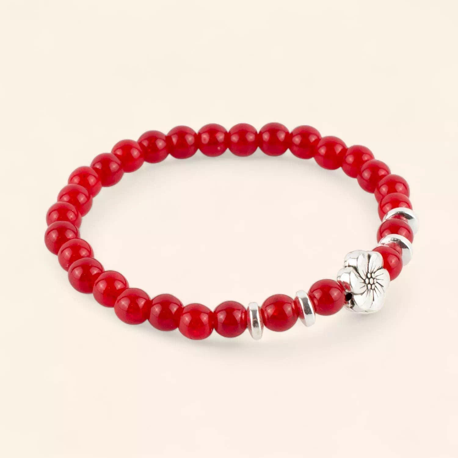 Bracelet perles verre craquelé rouge et Fleur de Cerisier  Bracelet Jethyka