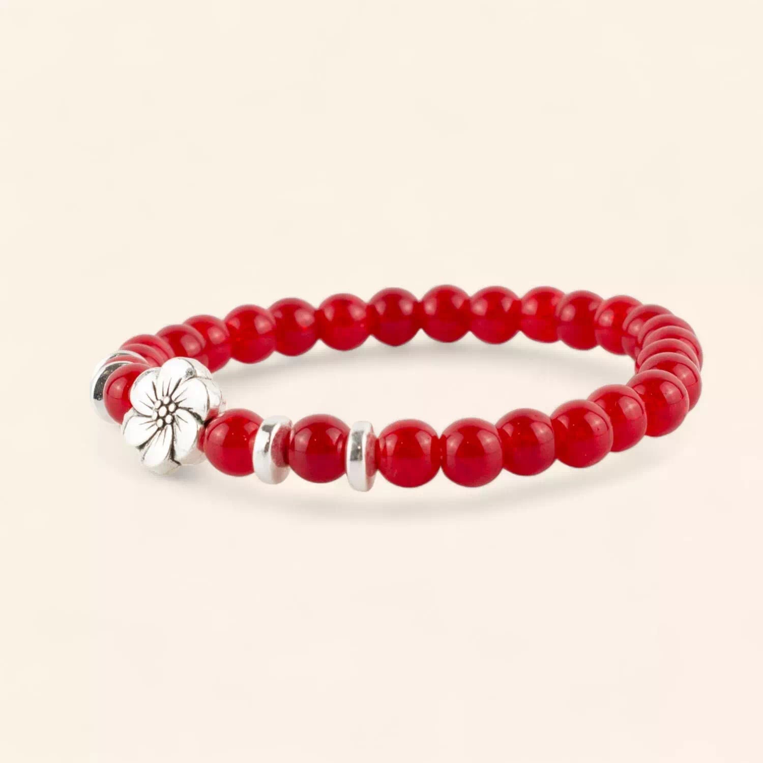 Bracelet perles verre craquelé rouge et Fleur de Cerisier  Bracelet Jethyka