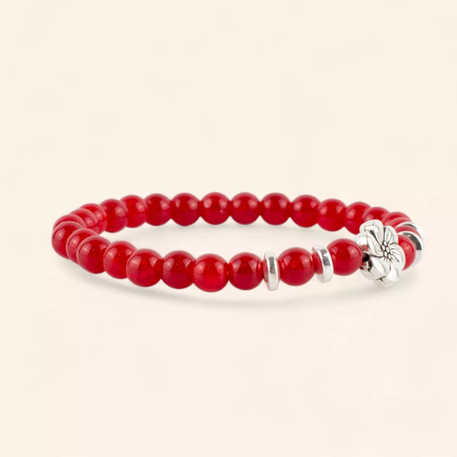 Bracelet perles verre craquelé rouge et Fleur de Cerisier  Bracelet Jethyka