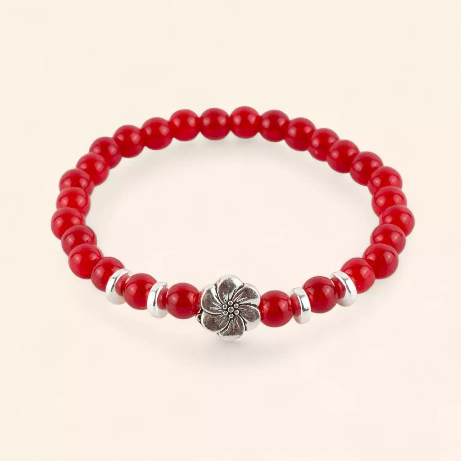 Bracelet perles verre craquelé rouge et Fleur de Cerisier  Bracelet Jethyka