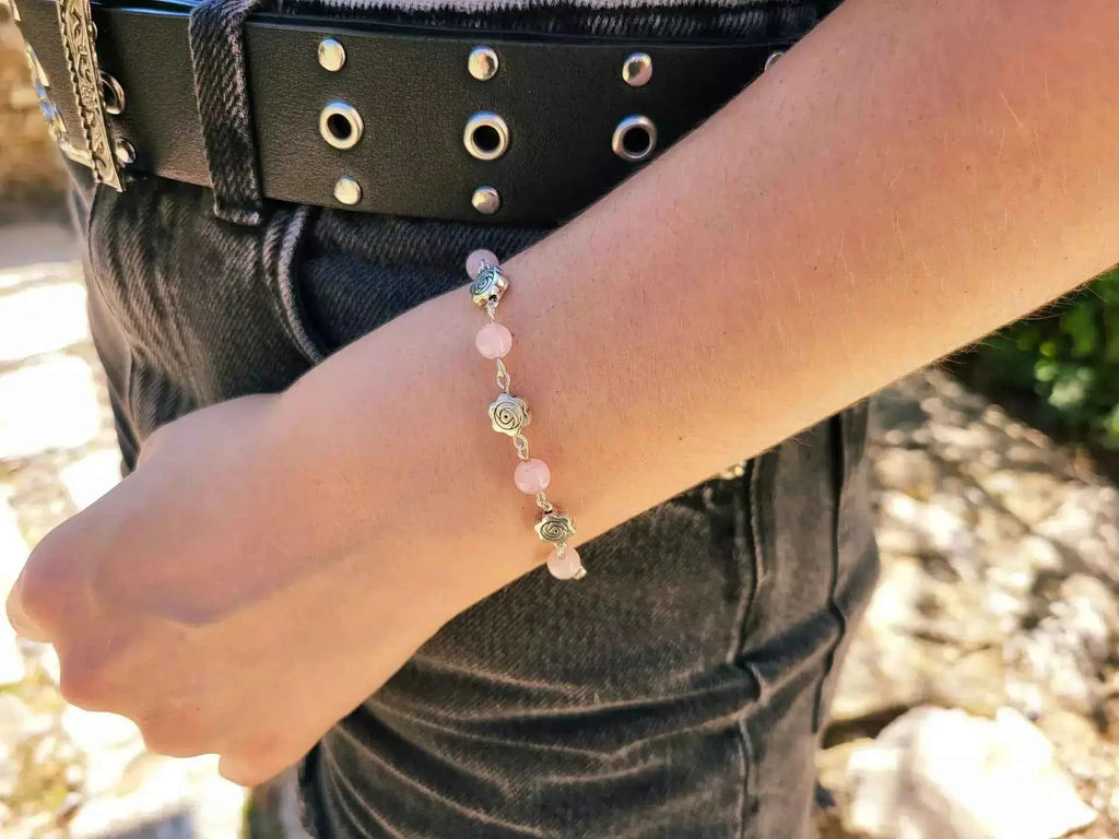 Bracelet en Pierres Naturelles Quartz Rose et Perles Roses