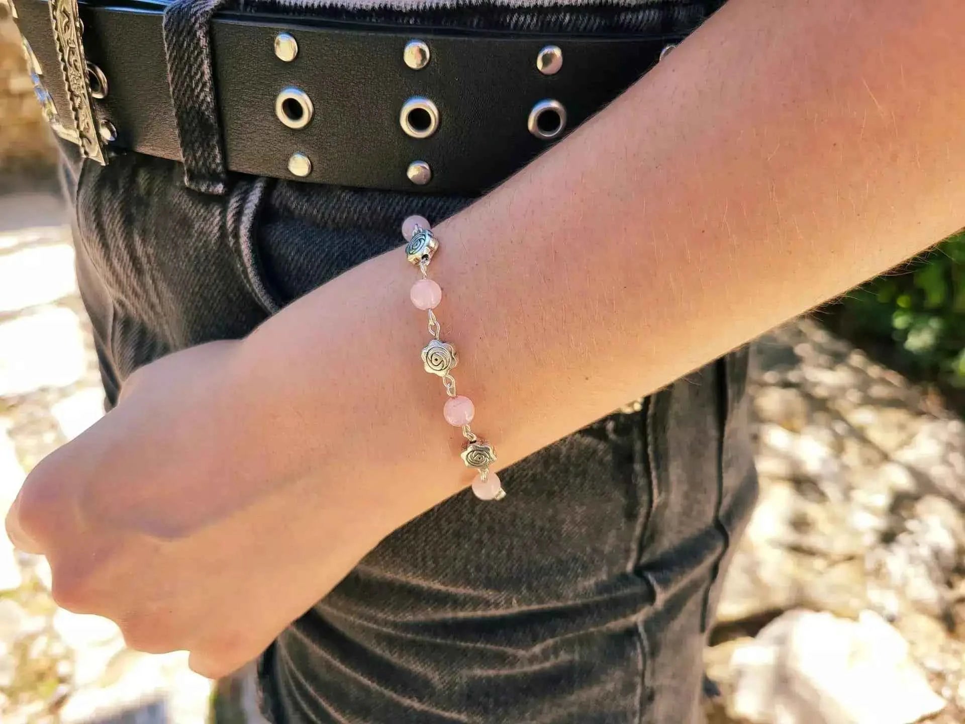 Bracelet en Pierres Naturelles Quartz Rose et Perles Roses